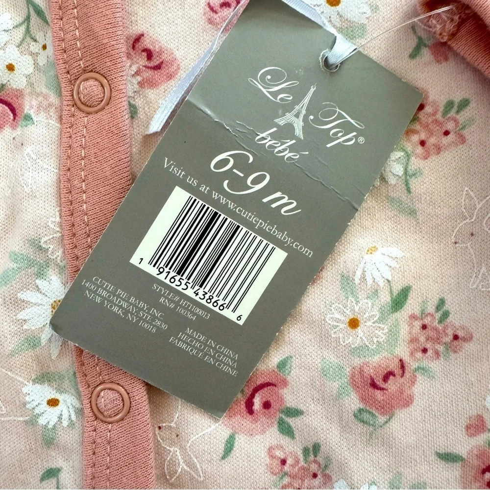Le Top Bebe Pink Floral Cottage Baby girl Sleeper Footed Pajama Roses 6-9M NWT